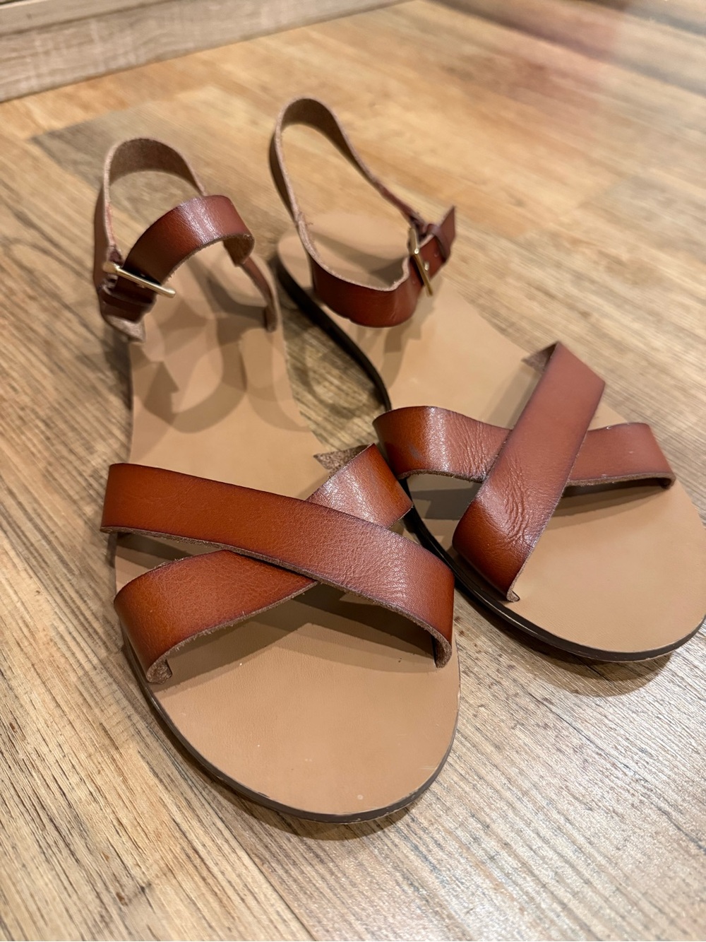 J. Crew Tan Brown Leather Cross-Strap Ankle Sandals Size 9